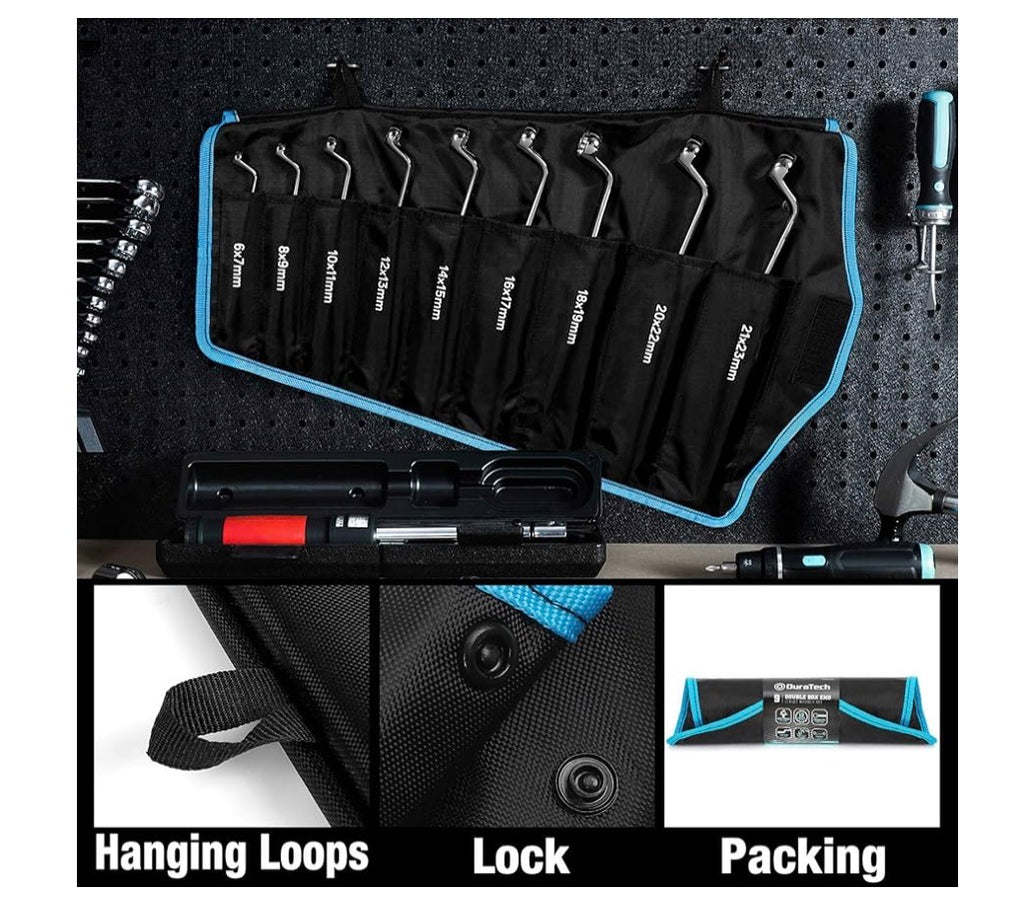 DURATECH Offset Box Wrench Set, Metric, 9-Piece, 6-23mm, 75-Degree, CR-V Steel, Organized in Rolling Pouch