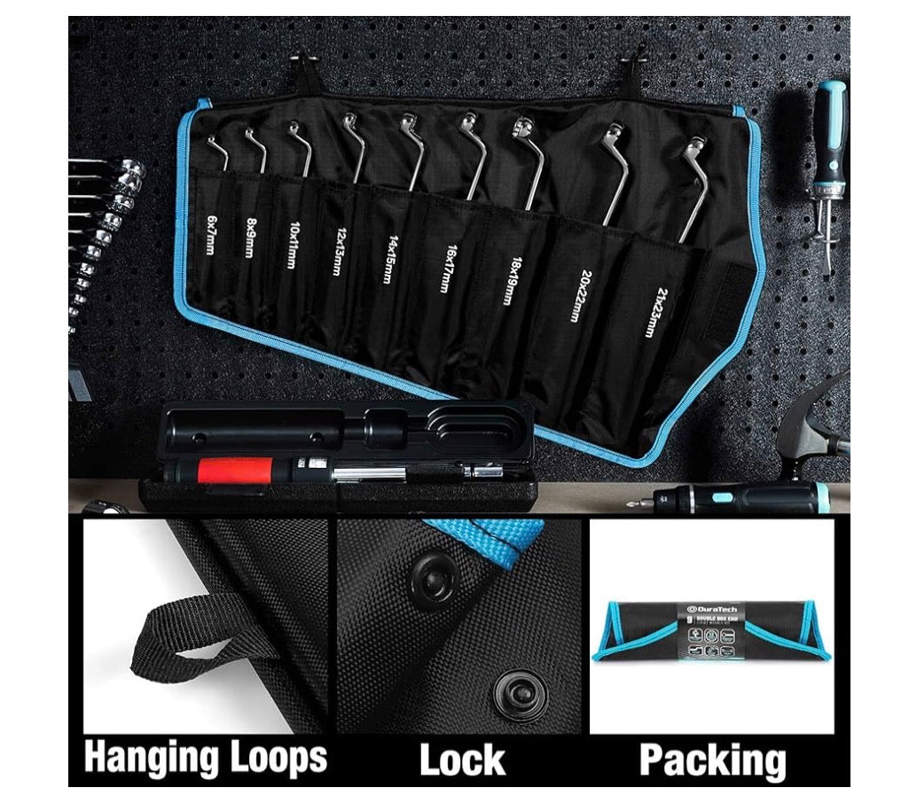 DURATECH Offset Box Wrench Set, Metric, 9-Piece, 6-23mm, 75-Degree, CR-V Steel, Organized in Rolling Pouch