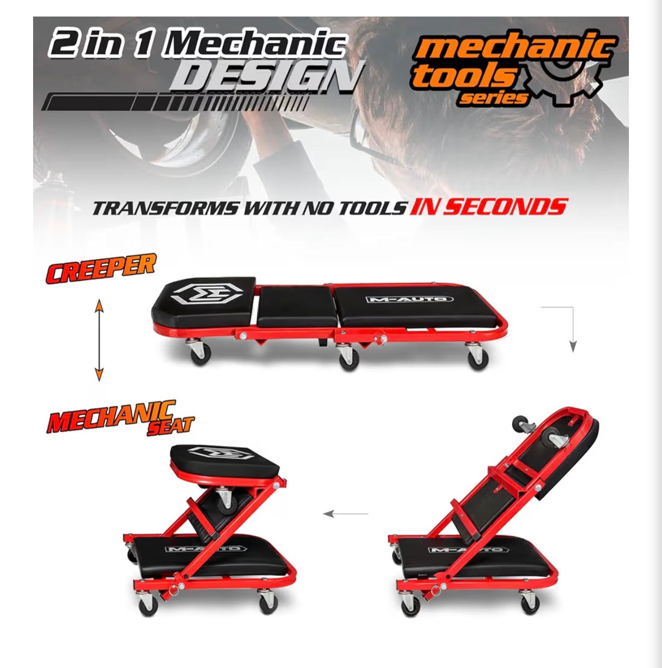 M-AUTO Foldable Z Creeper 2-in-1 Rolling Folding Car Creeper & Seat, 36" Adjustable Roller Garage Chair Lay Down or Sit, 330LBS Capacity Under Car Roller Creeper with 6 Swivel Casters, Black
