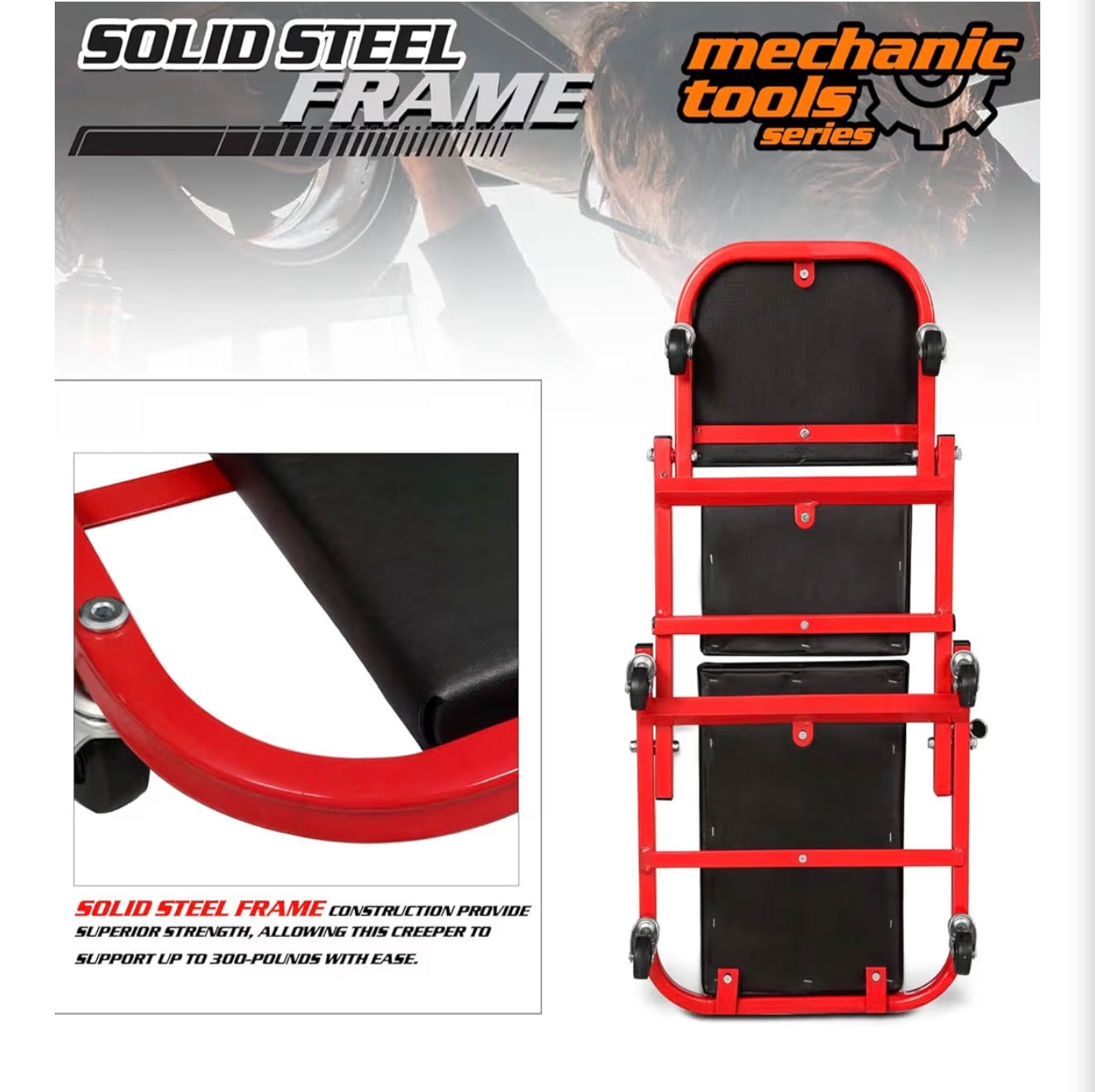 M-AUTO Foldable Z Creeper 2-in-1 Rolling Folding Car Creeper & Seat, 36" Adjustable Roller Garage Chair Lay Down or Sit, 330LBS Capacity Under Car Roller Creeper with 6 Swivel Casters, Black