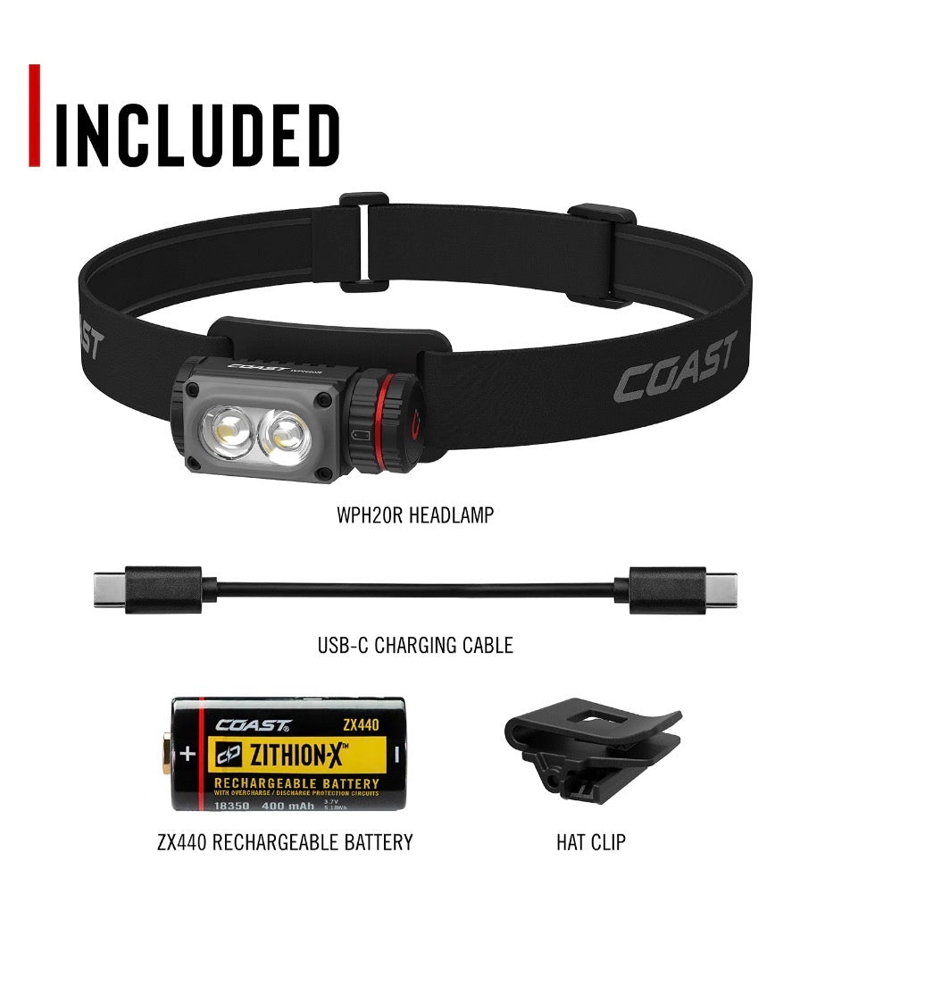 Coast WPH20R 2000 Lumen Rechargeable LED Headlamp with Clip and Magnetic End Cap, IP67 Waterproof