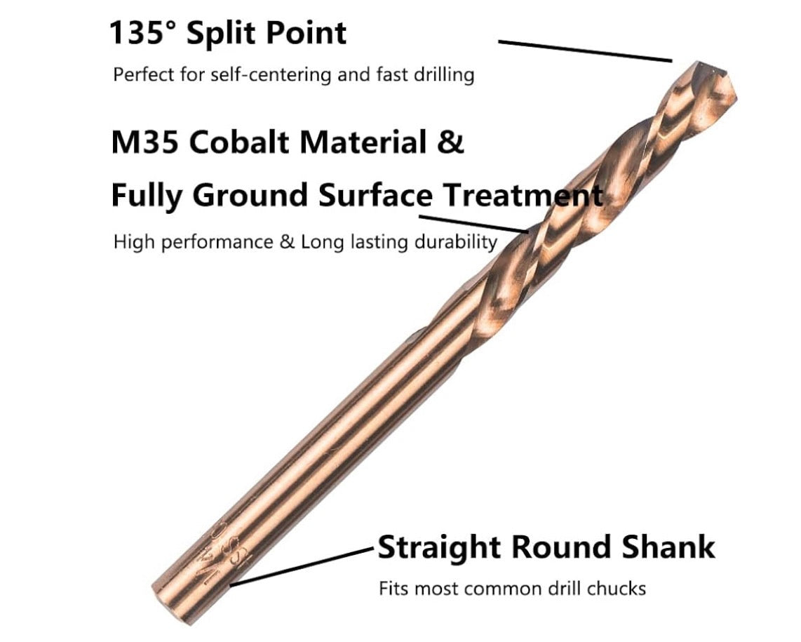 5PCS M35 Cobalt Left Hand Drill Bits Set for Removing Broken Stubs, Bolts and Screws, Reverse Twist Drill Bits, 1/8", 5/32", 3/16", 1/4", 19/64"
