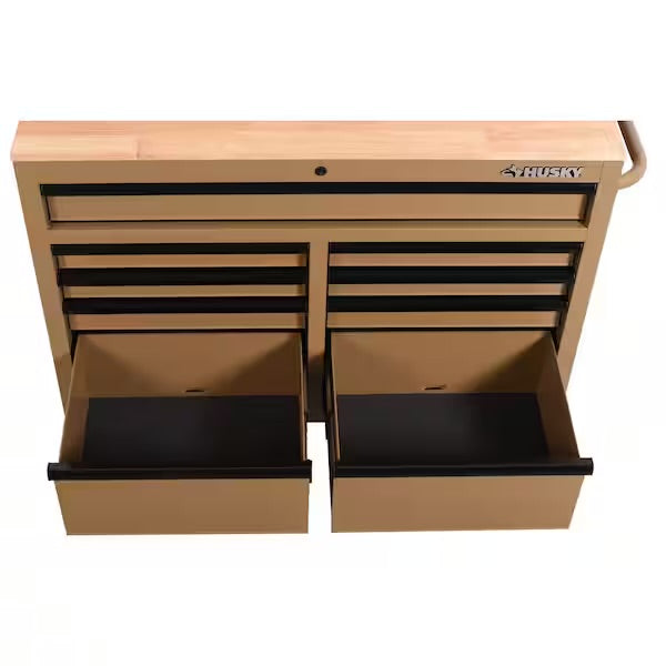 Standard Duty 46 in. W x 18 in. D 9-Drawer Gloss Tan Mobile Workbench Cabinet with Solid Wood Top
