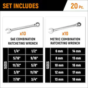 20-Piece SAE/Metric 12-Point Ratcheting Combination Wrench Set