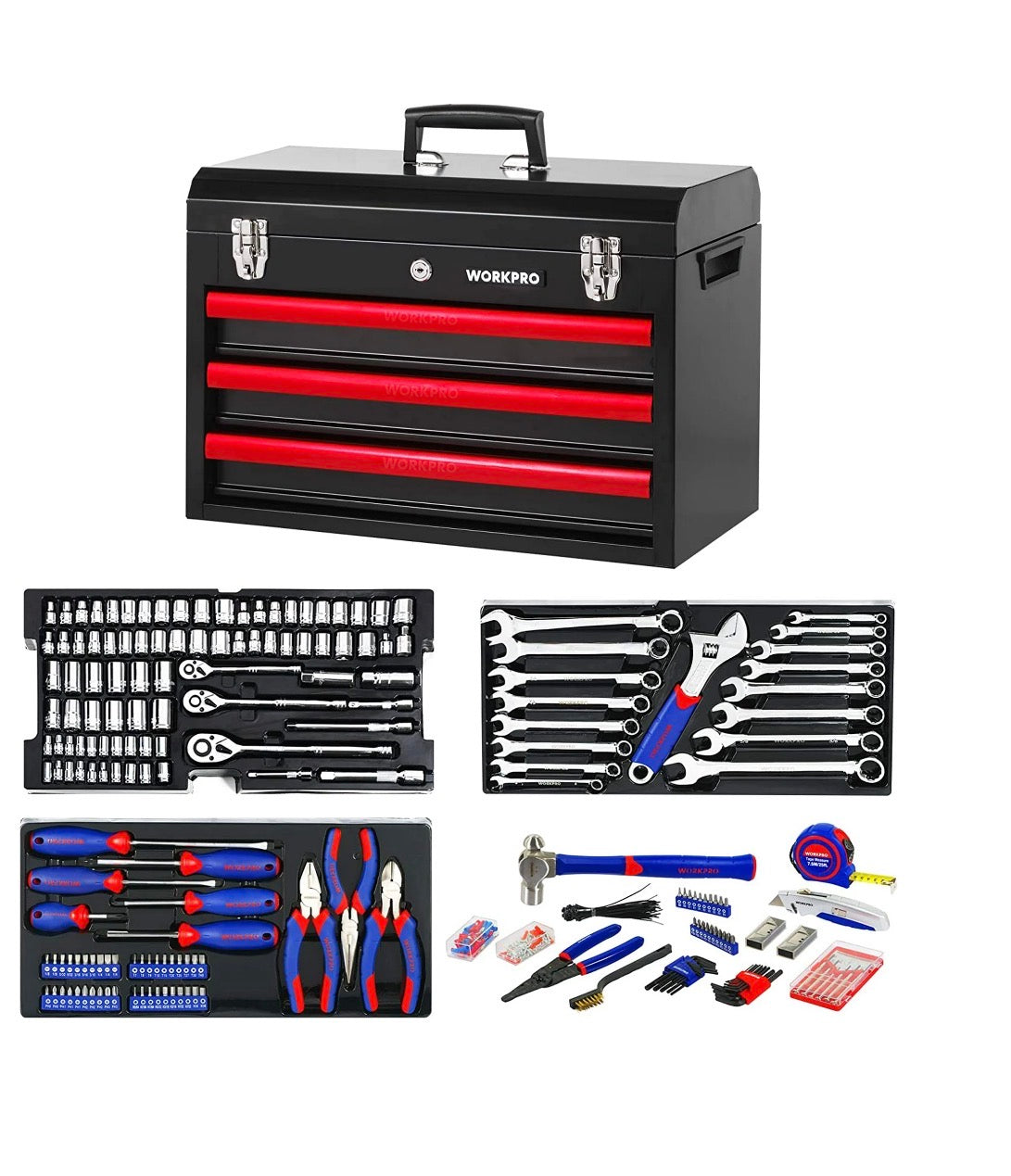 WORKPRO 408-Piece Auto Repair Tool Set,Mechanics Tool Set,General Household Home Repair Tool Kit with 3-Drawer Heavy Duty Metal Box,Hand Tool Kit