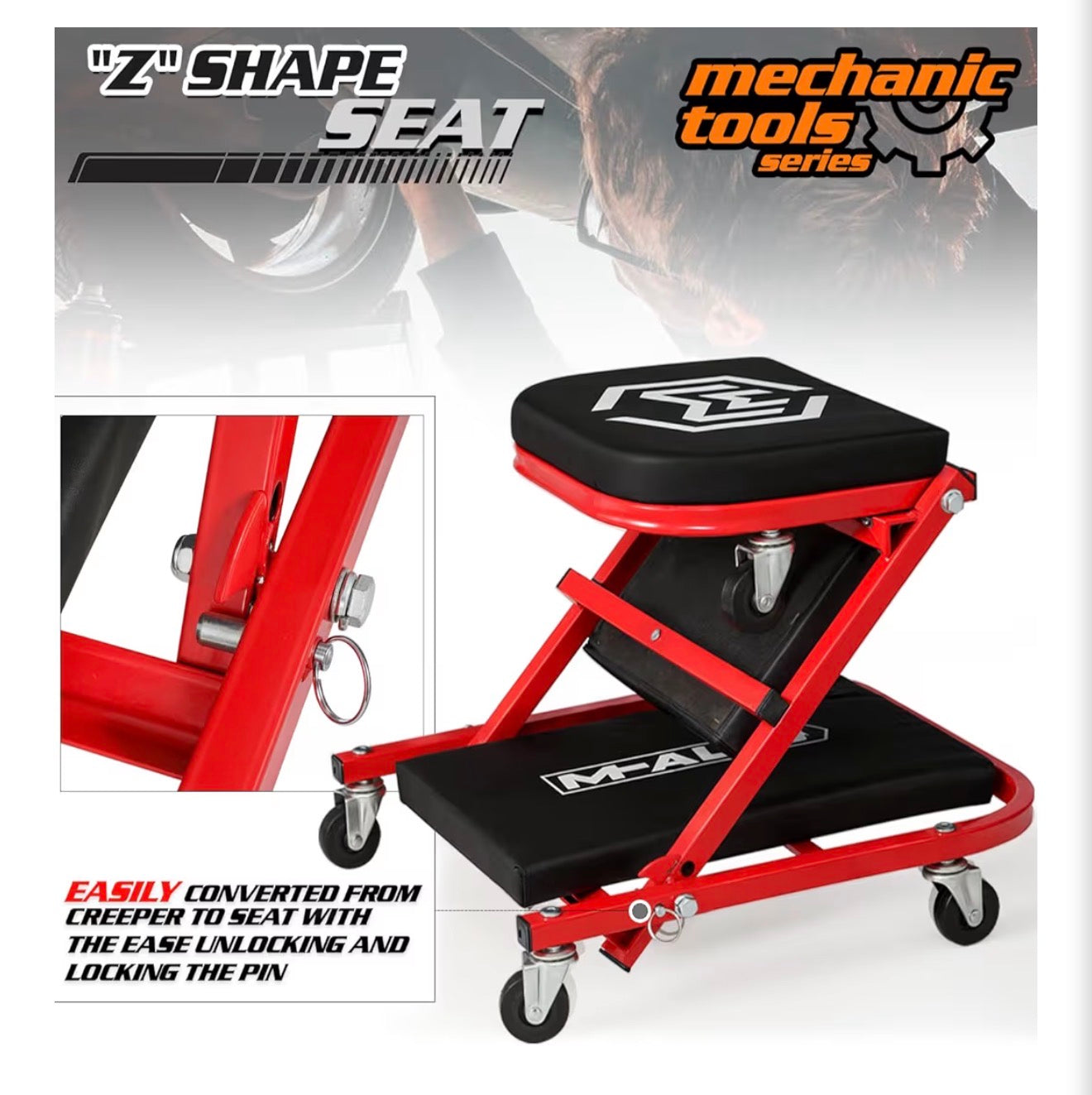 M-AUTO Foldable Z Creeper 2-in-1 Rolling Folding Car Creeper & Seat, 36" Adjustable Roller Garage Chair Lay Down or Sit, 330LBS Capacity Under Car Roller Creeper with 6 Swivel Casters, Black