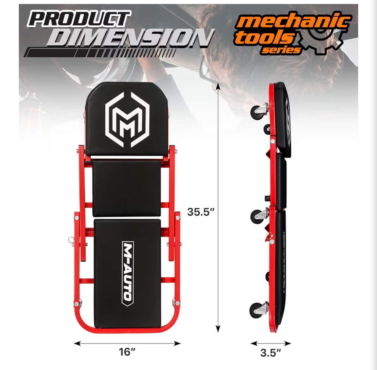 M-AUTO Foldable Z Creeper 2-in-1 Rolling Folding Car Creeper & Seat, 36" Adjustable Roller Garage Chair Lay Down or Sit, 330LBS Capacity Under Car Roller Creeper with 6 Swivel Casters, Black