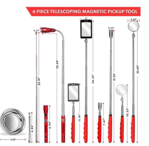 BILITOOLS 6 Piece Telescoping Magnetic Pickup Tool Set, Extendable Mechanic Magnet Retrieval Tool Set Ideal Father's Day Gifts Gift for Men Dad Husband & Brother