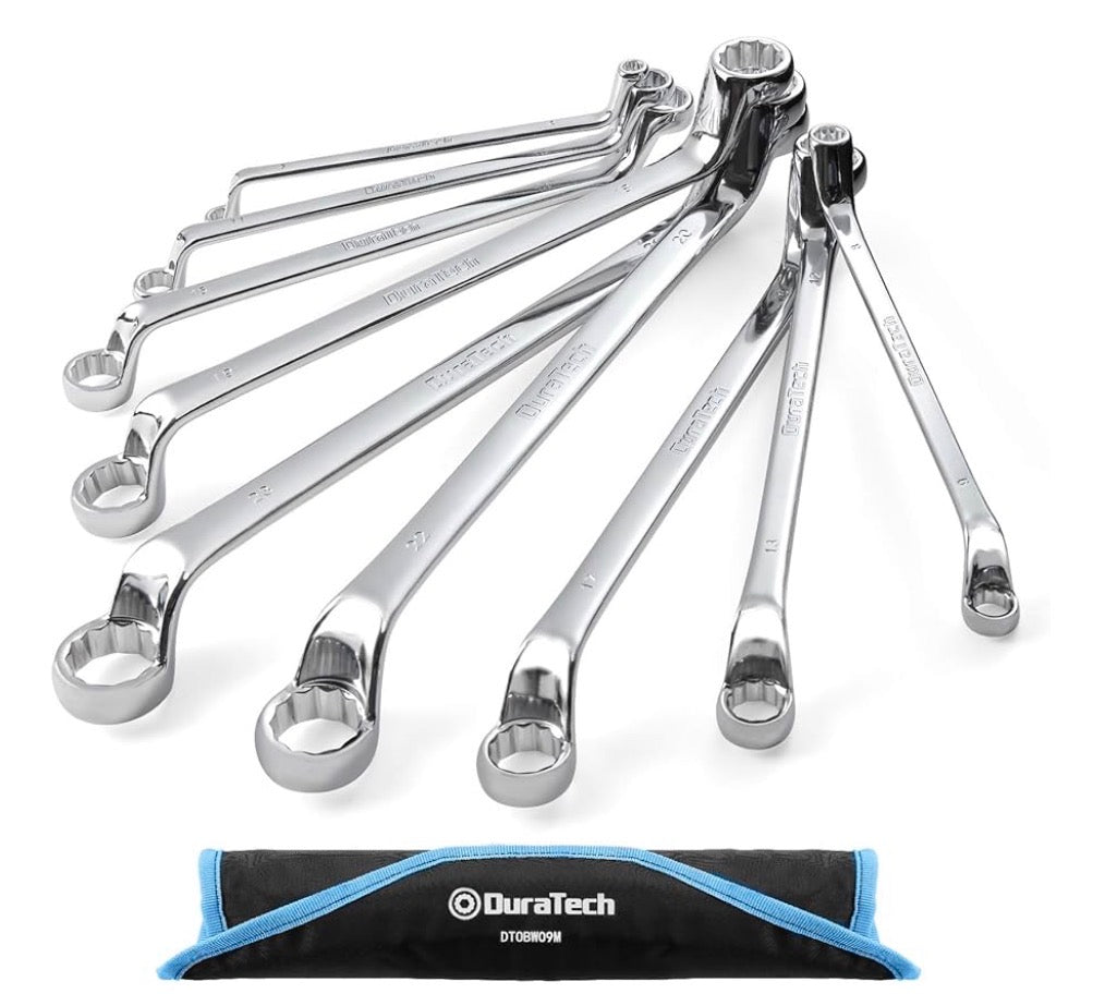 DURATECH Offset Box Wrench Set, Metric, 9-Piece, 6-23mm, 75-Degree, CR-V Steel, Organized in Rolling Pouch