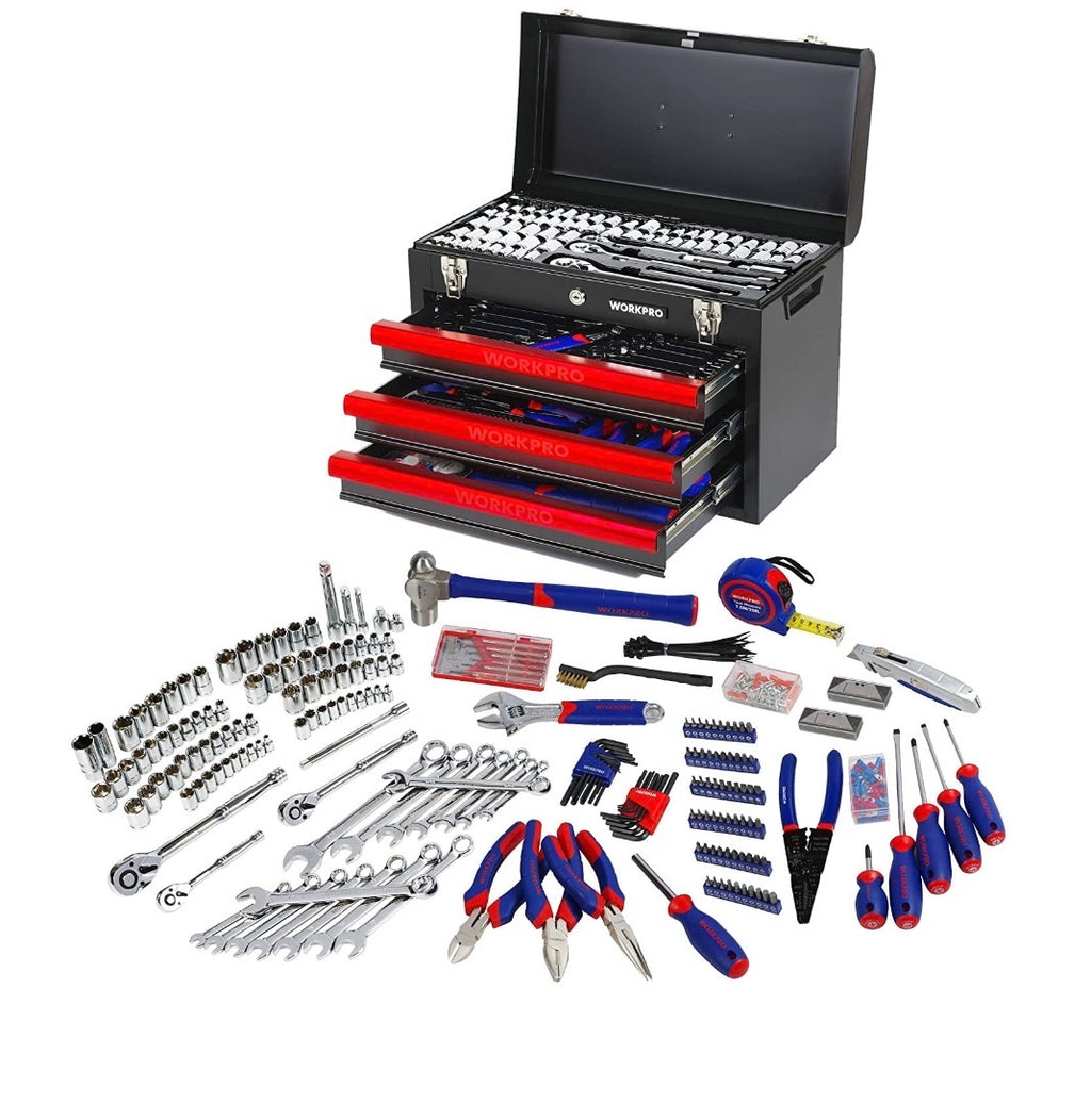 WORKPRO 408-Piece Auto Repair Tool Set,Mechanics Tool Set,General Household Home Repair Tool Kit with 3-Drawer Heavy Duty Metal Box,Hand Tool Kit