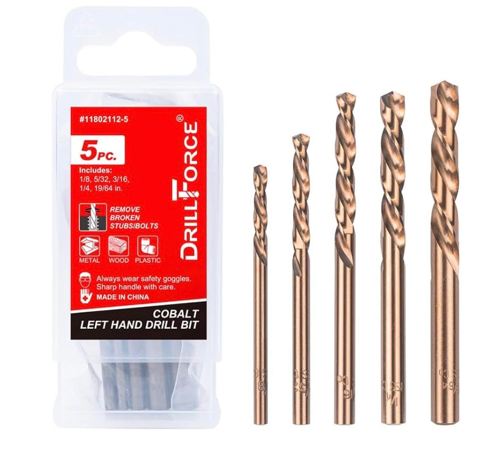 5PCS M35 Cobalt Left Hand Drill Bits Set for Removing Broken Stubs, Bolts and Screws, Reverse Twist Drill Bits, 1/8", 5/32", 3/16", 1/4", 19/64"