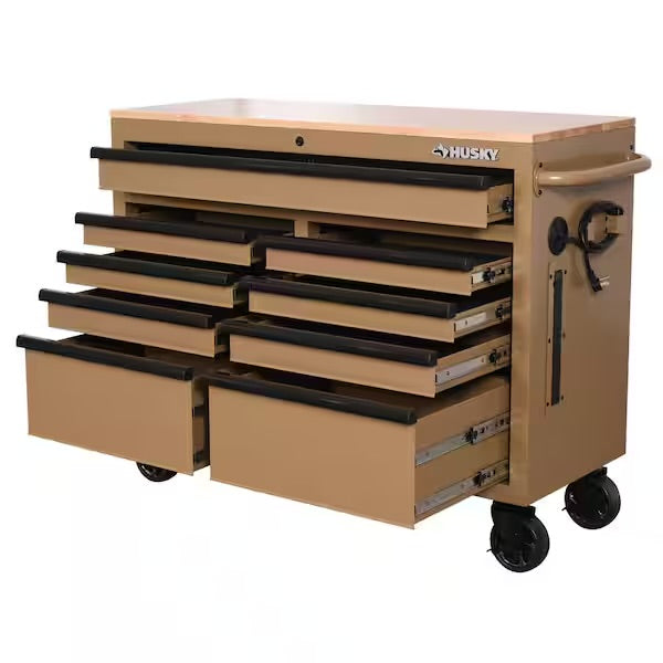 Standard Duty 46 in. W x 18 in. D 9-Drawer Gloss Tan Mobile Workbench Cabinet with Solid Wood Top