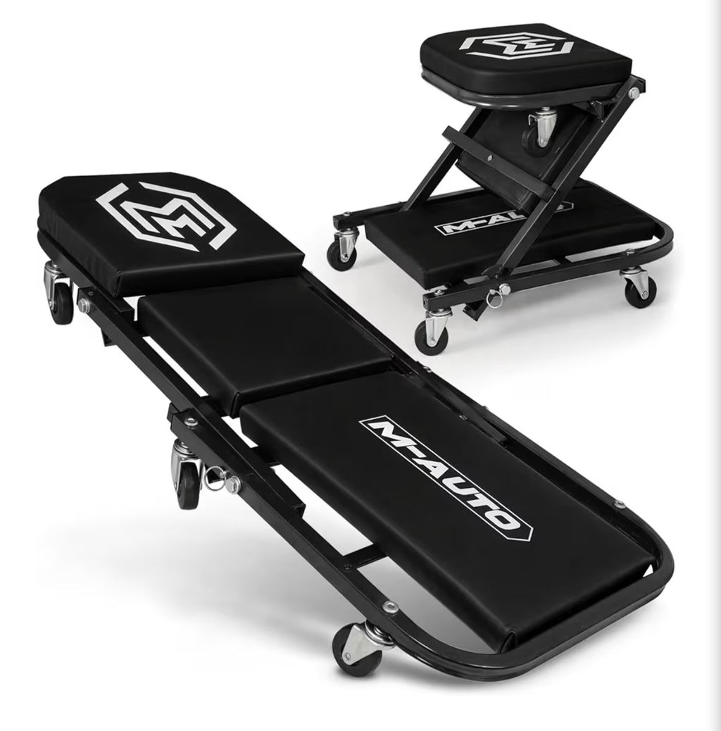 M-AUTO Foldable Z Creeper 2-in-1 Rolling Folding Car Creeper & Seat, 36" Adjustable Roller Garage Chair Lay Down or Sit, 330LBS Capacity Under Car Roller Creeper with 6 Swivel Casters, Black