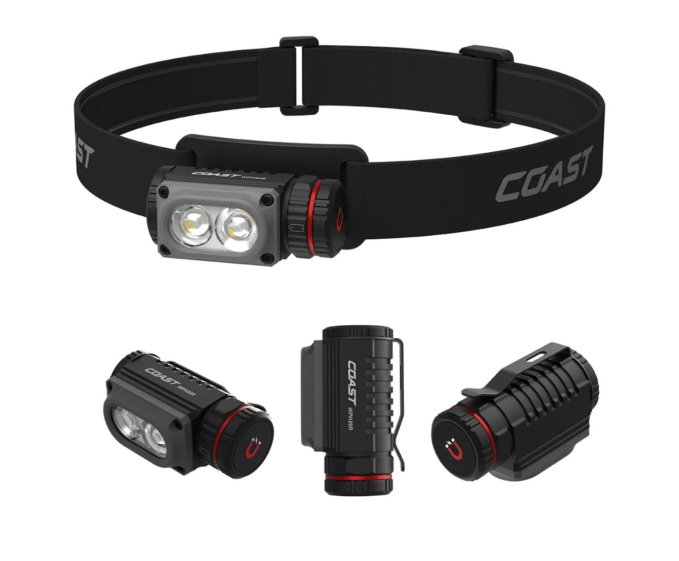 Coast WPH20R 2000 Lumen Rechargeable LED Headlamp with Clip and Magnetic End Cap, IP67 Waterproof