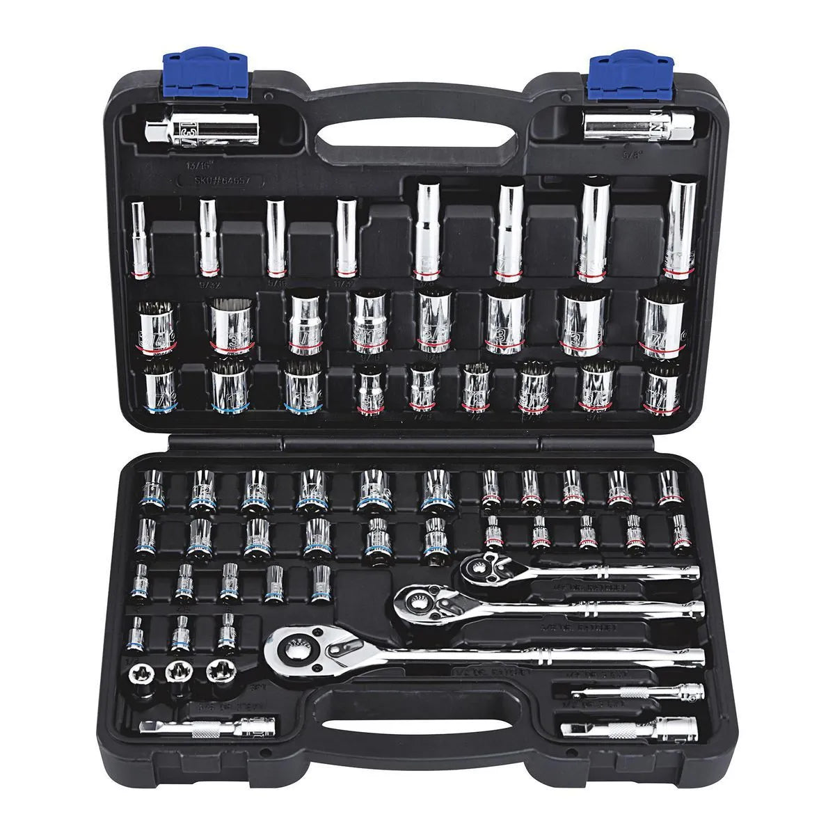 QUINN 1/4 in., 3/8 in., and 1/2 in. Drive SAE and Metric Hi-Vis Socket Set, 66-Piece