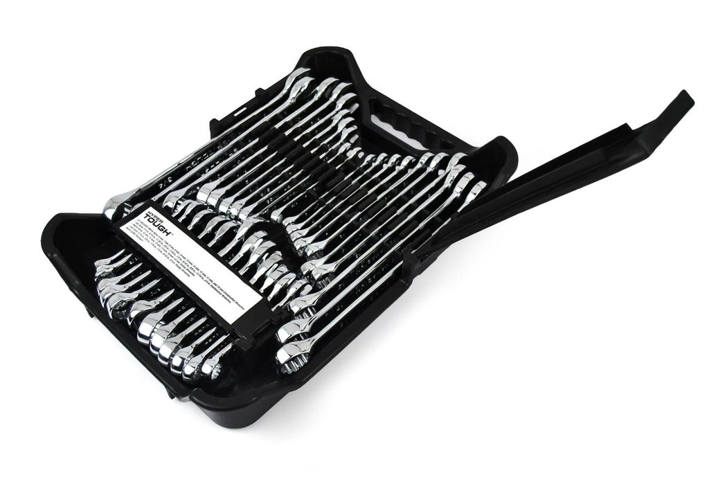 Hyper Tough 32-Piece Combination Wrench Set, SAE & Metric, Chrome Vanadium Steel, Standard & Stubby Sizes, Storage Case Included