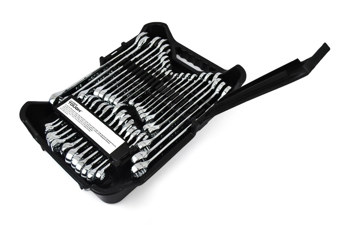 Hyper Tough 32-Piece Combination Wrench Set, SAE & Metric, Chrome Vanadium Steel, Standard & Stubby Sizes, Storage Case Included