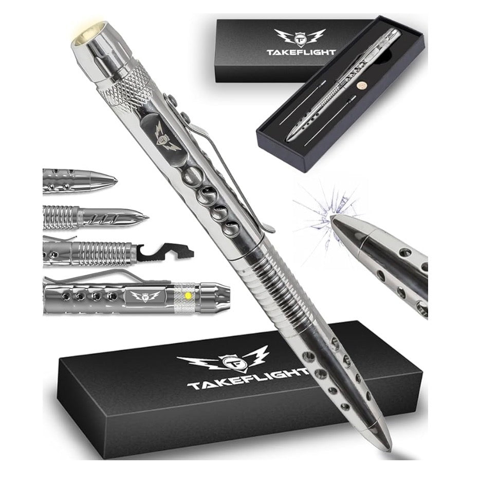 Tactical Pen – Self Defense Survival EDC Pen with LED Flashlight, Glass Breaker & Bottle Opener – Military Multitool Pen for Men & Women – Veteran-Owned TakeFlight – 2 Ink Refills + Extra Battery