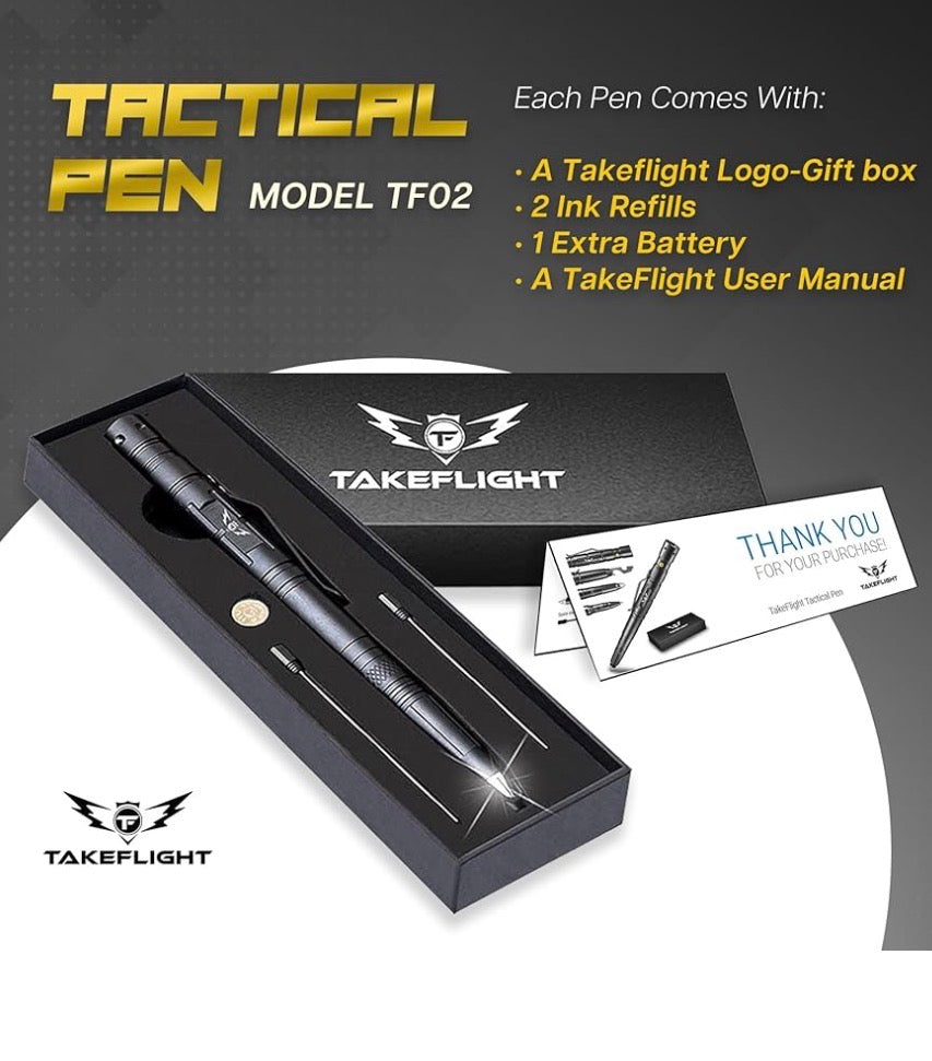 Tactical Pen – Self Defense Survival EDC Pen with LED Flashlight, Glass Breaker & Bottle Opener – Military Multitool Pen for Men & Women – Veteran-Owned TakeFlight – 2 Ink Refills + Extra Battery