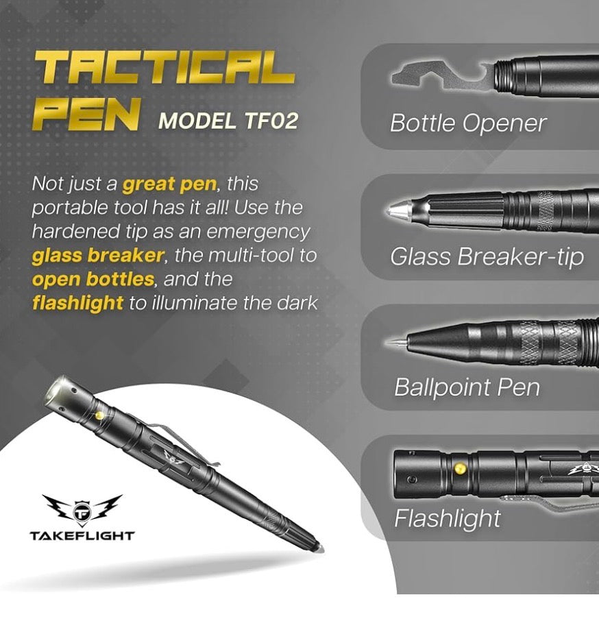 Tactical Pen – Self Defense Survival EDC Pen with LED Flashlight, Glass Breaker & Bottle Opener – Military Multitool Pen for Men & Women – Veteran-Owned TakeFlight – 2 Ink Refills + Extra Battery