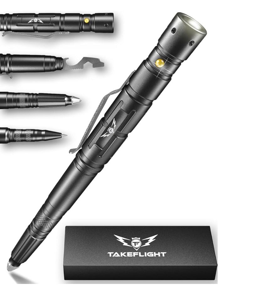 Tactical Pen – Self Defense Survival EDC Pen with LED Flashlight, Glass Breaker & Bottle Opener – Military Multitool Pen for Men & Women – Veteran-Owned TakeFlight – 2 Ink Refills + Extra Battery