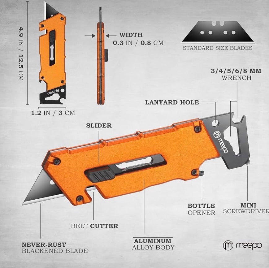 M MEEPO 5 In 1 Box Cutter, Aluminum Alloy 2-Pack Retractable Utility Knife with Wrench, Bottle Opener, Screwdriver, EDC Tough Pocket Knife Gift for Men Adult Father Dad, with 40-Piece SK2 Blade